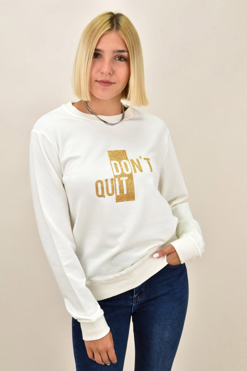 Μπλούζα φούτερ με χρυσά γράμματα Don't Quit σε λευκό