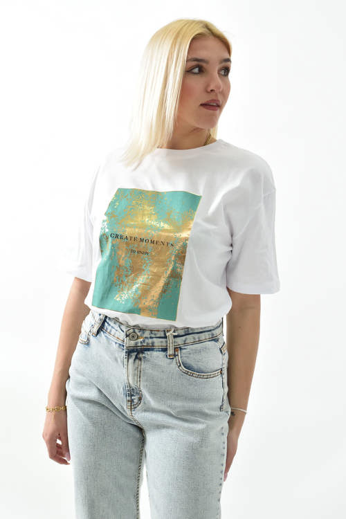 Γυναικείο T-shirt με μεταλιζέ στάμπα σε λευκό